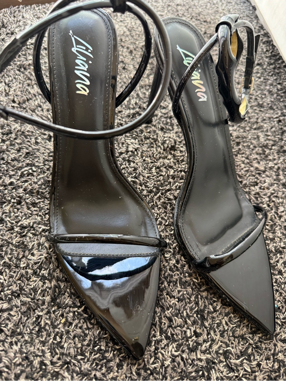 Liliana Black Patent Pointed-Strap Stiletto Heels